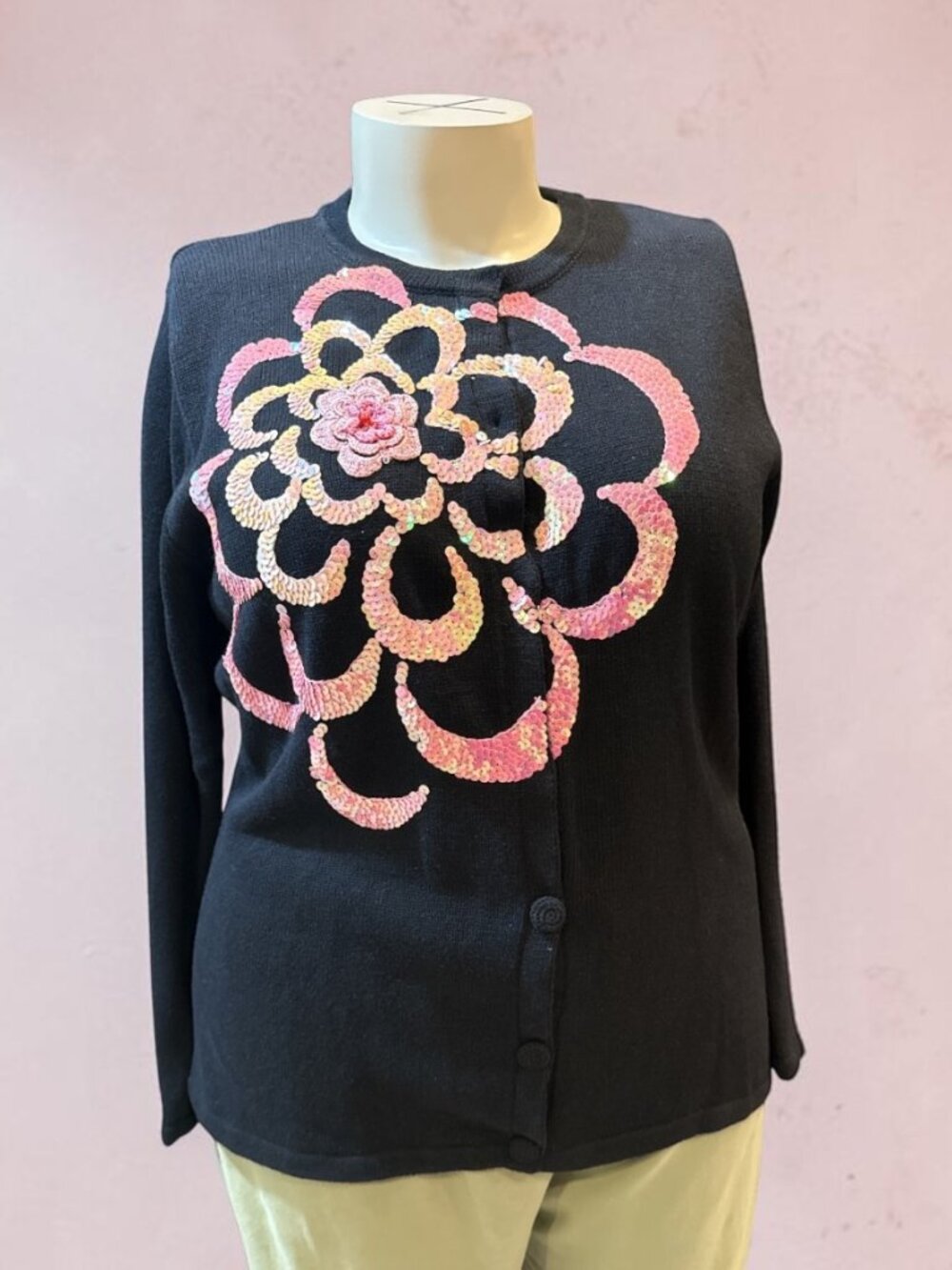Storybook Knits Sz XL Black & Pink Glowing Blossom Sequin Button-Up Cardigan